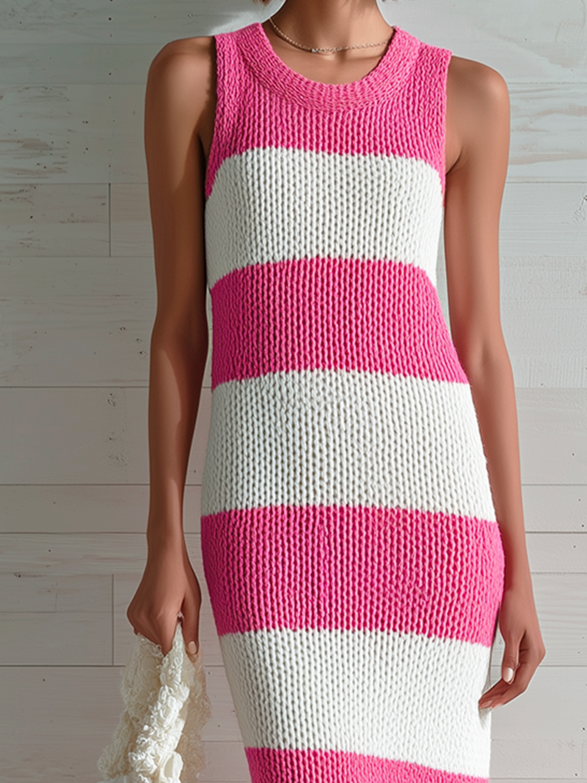 ElevenOra Chic Elegant White-Pink Striped Round Neck Sleeveless Slim Fit Side-Slit Ribbed Knit Maxi Dress