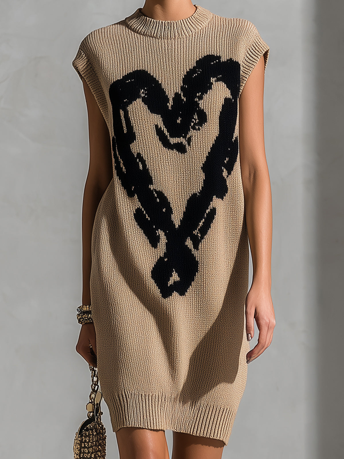 ElevenOra Chic Elegant Camel Round-Neck Sleeveless Black Heart Jacquard Loose-Fit Knit Midi Dress