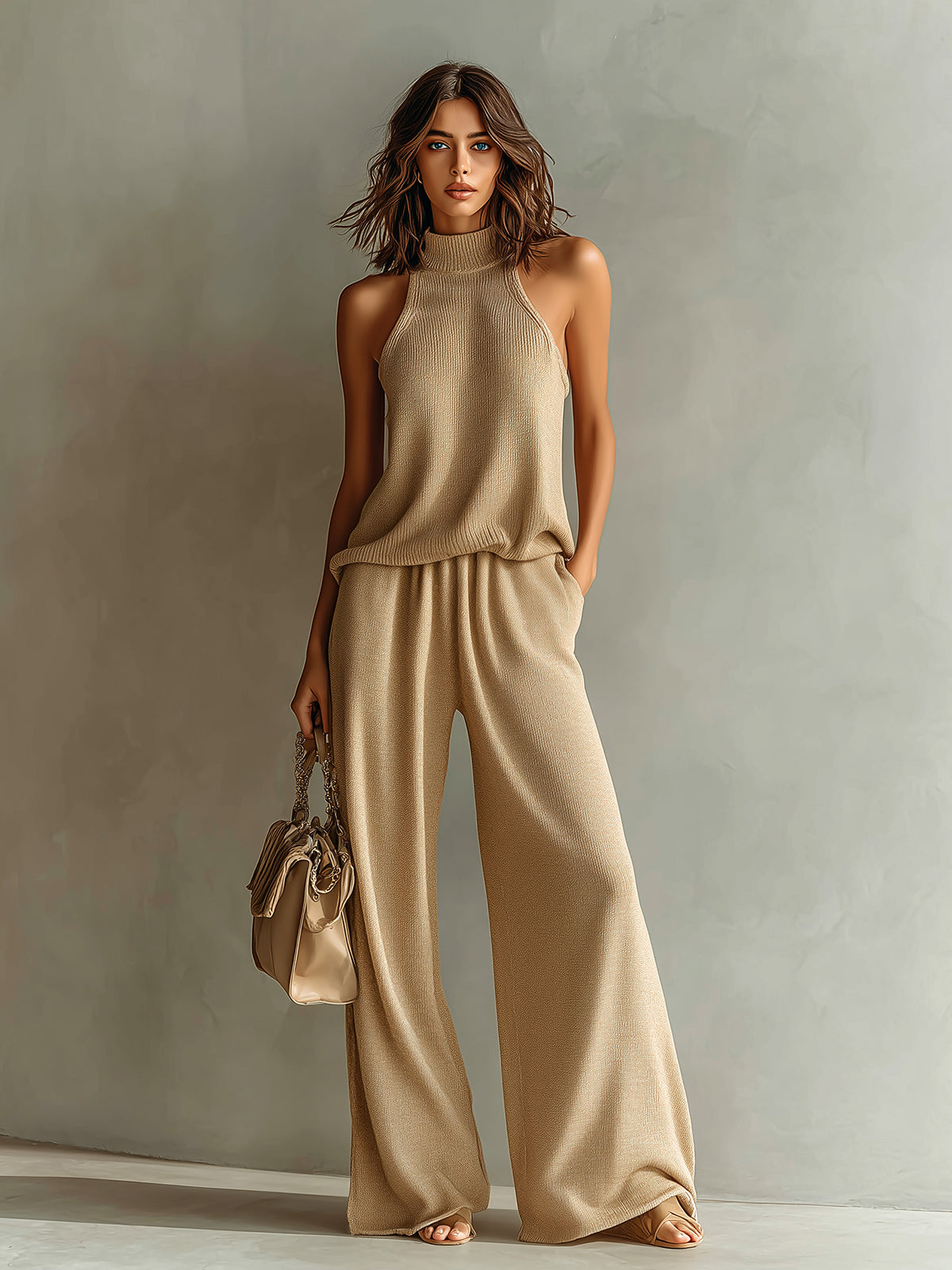 ElevenOra Chic Elegant Camel Mock-Neck Sleeveless Loose-Fit Tank Top Wide-Leg Pants Knit Two-Piece Set