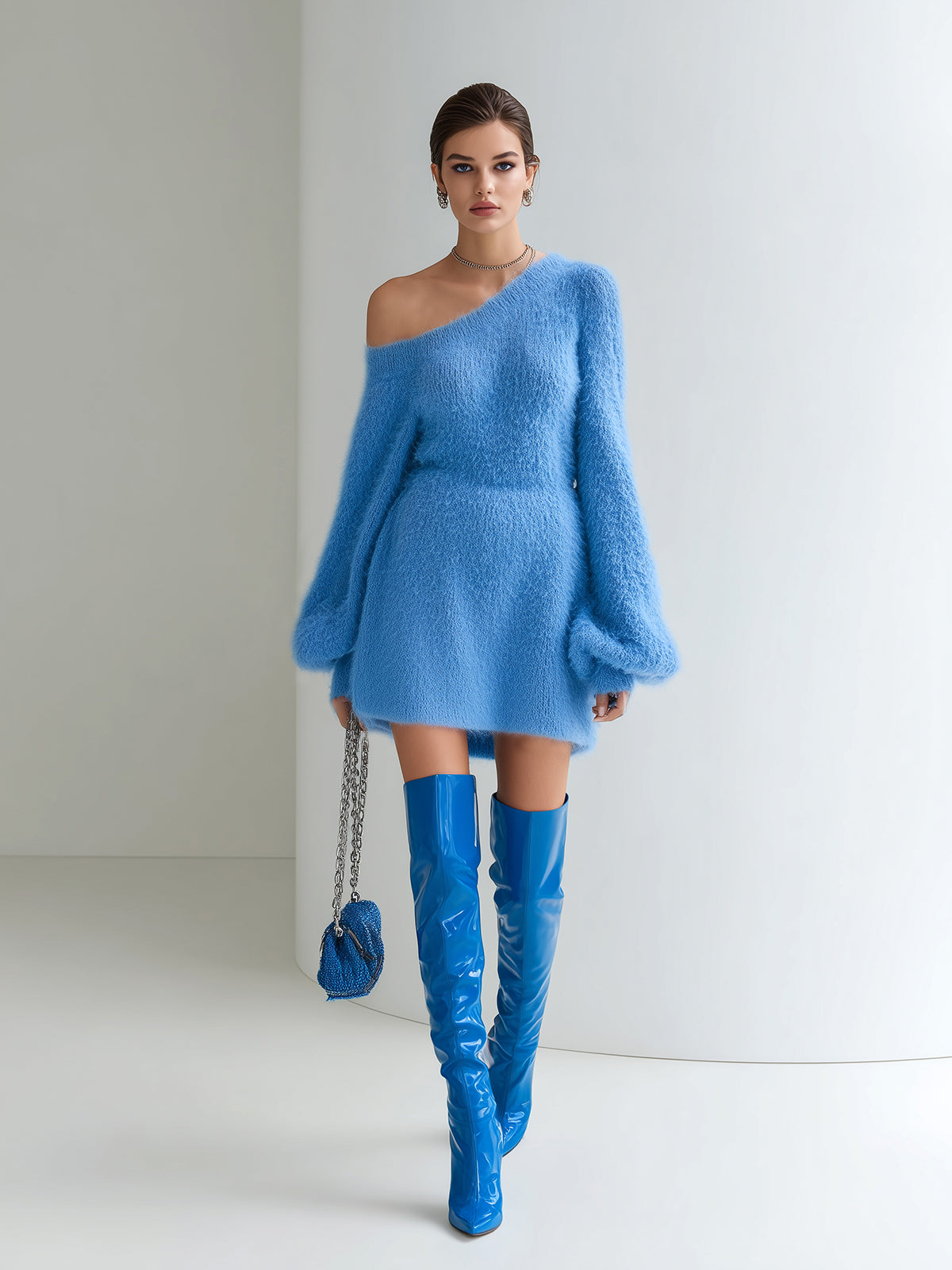ElevenOra Chic Elegant Blue One Shoulder Long Lantern Sleeve A-Line Fuzzy Knit Mini Dress