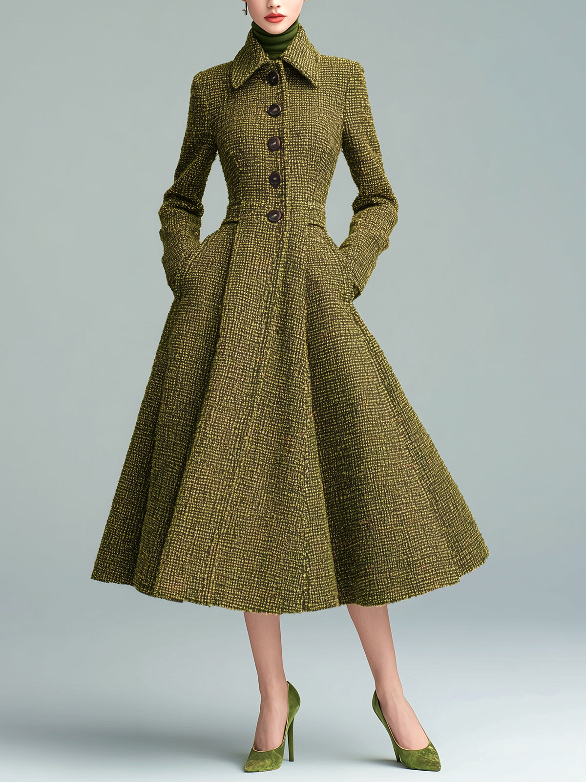 ElevenOraVintage Elegant Green Tweed Lapel Single-breasted Flared Hem Long Coat