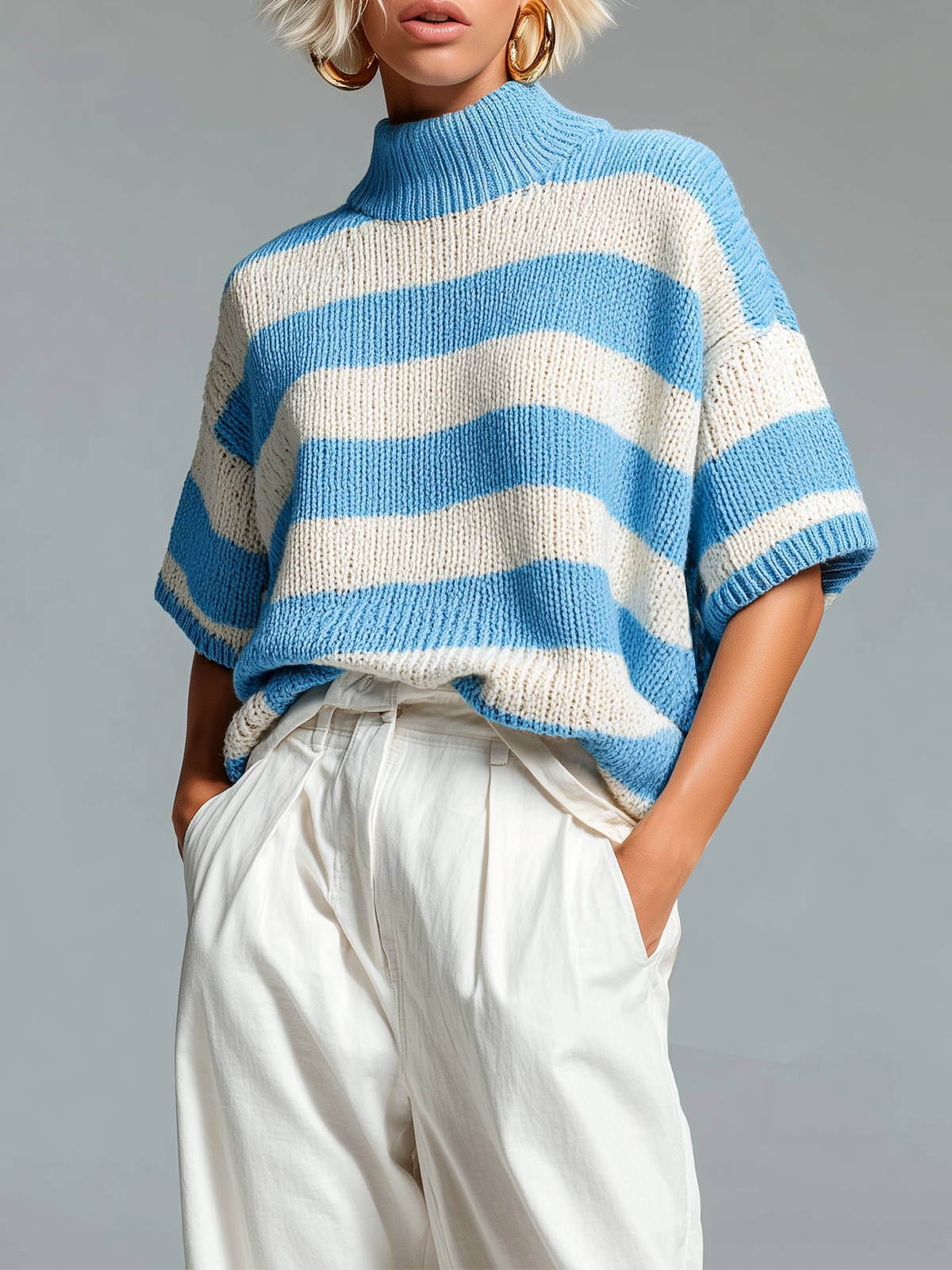 ElevenOra Fashion Casual Blue -White Striped High-Neck Short-Sleeve Knit Sweater Top