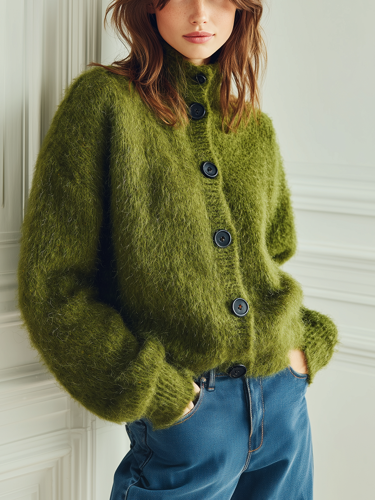 ElevenOra Chic Vintage Green Stand Collar Single-breasted Long Sleeve Oversized Fuzzy Knit Cardigan