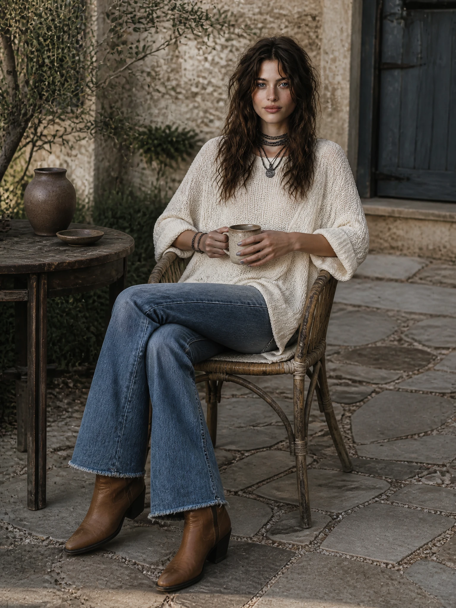 ElevenOra Chic Casual Off-White Round-Neck Dropped Shoulder Long Sleeves Asymmetric Hem Loose-Fit Knit Sweater Top