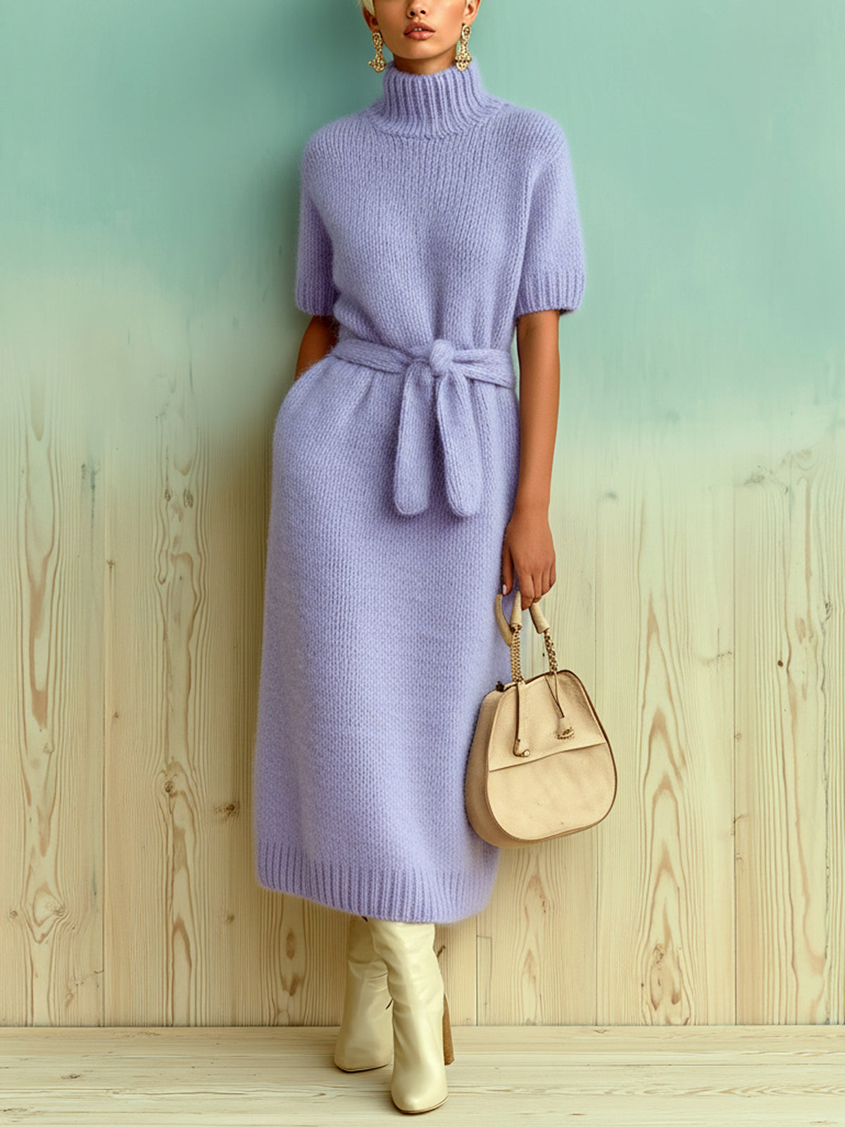 ElevenOra Chic Vintage Lavender High-Neck Short-Sleeve Tie Waist Oversized Fuzzy Knit Maxi Dress