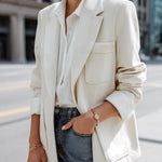 ElevenOra Casual Office Cream White Faux Suede Notch Lapel Single-Breasted Patch Pockets Oversized Blazer