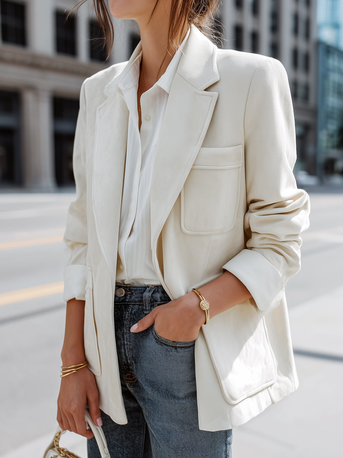 ElevenOra Casual Office Cream White Faux Suede Notch Lapel Single-Breasted Patch Pockets Oversized Blazer