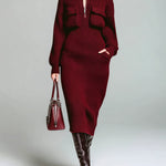 ElevenOra Chic Casual Burgundy Zip-Up Lapel Chest Pocket Oversized Long-Sleeve Knit Midi Dress