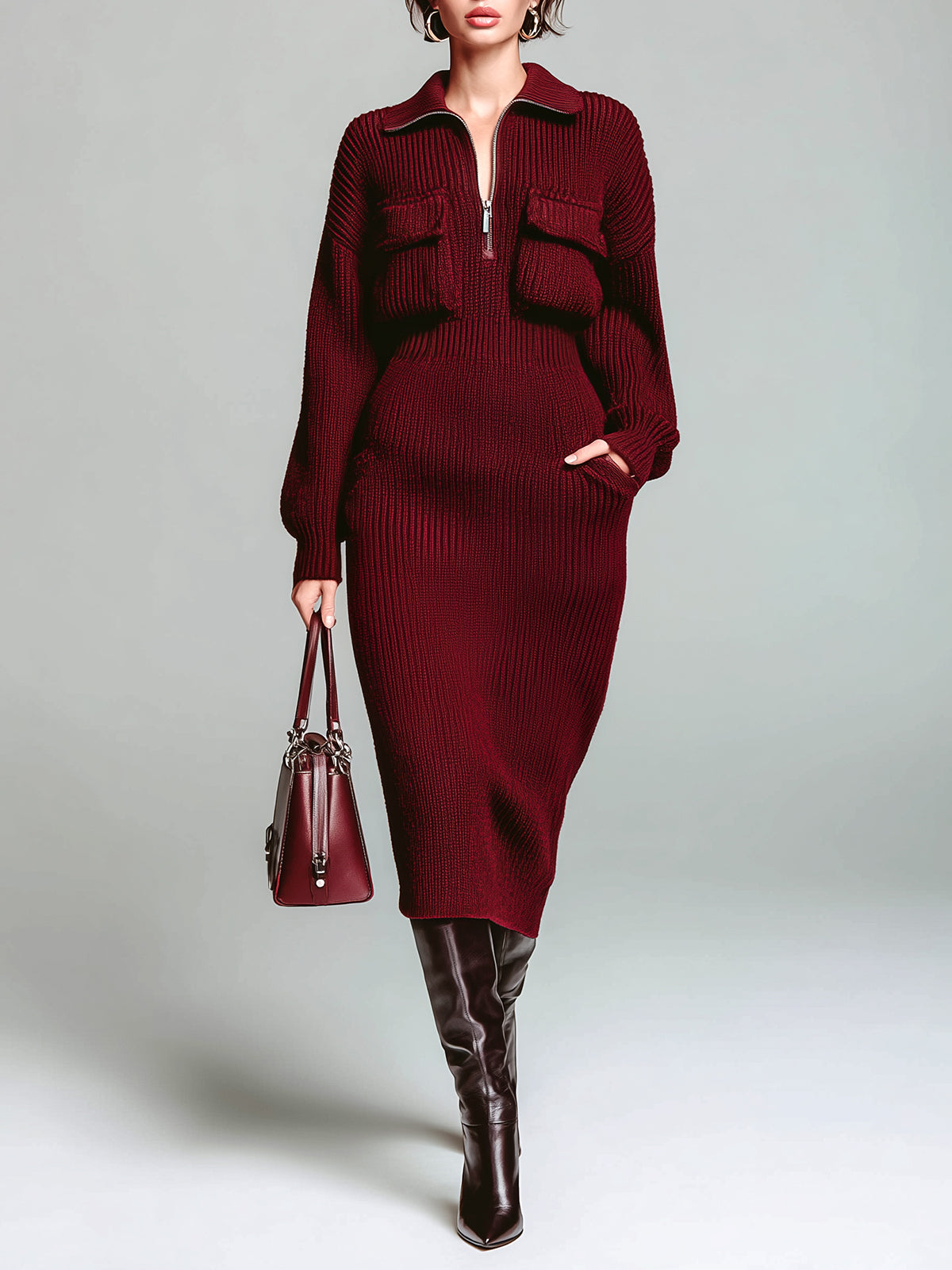 ElevenOra Chic Casual Burgundy Zip-Up Lapel Chest Pocket Oversized Long-Sleeve Knit Midi Dress