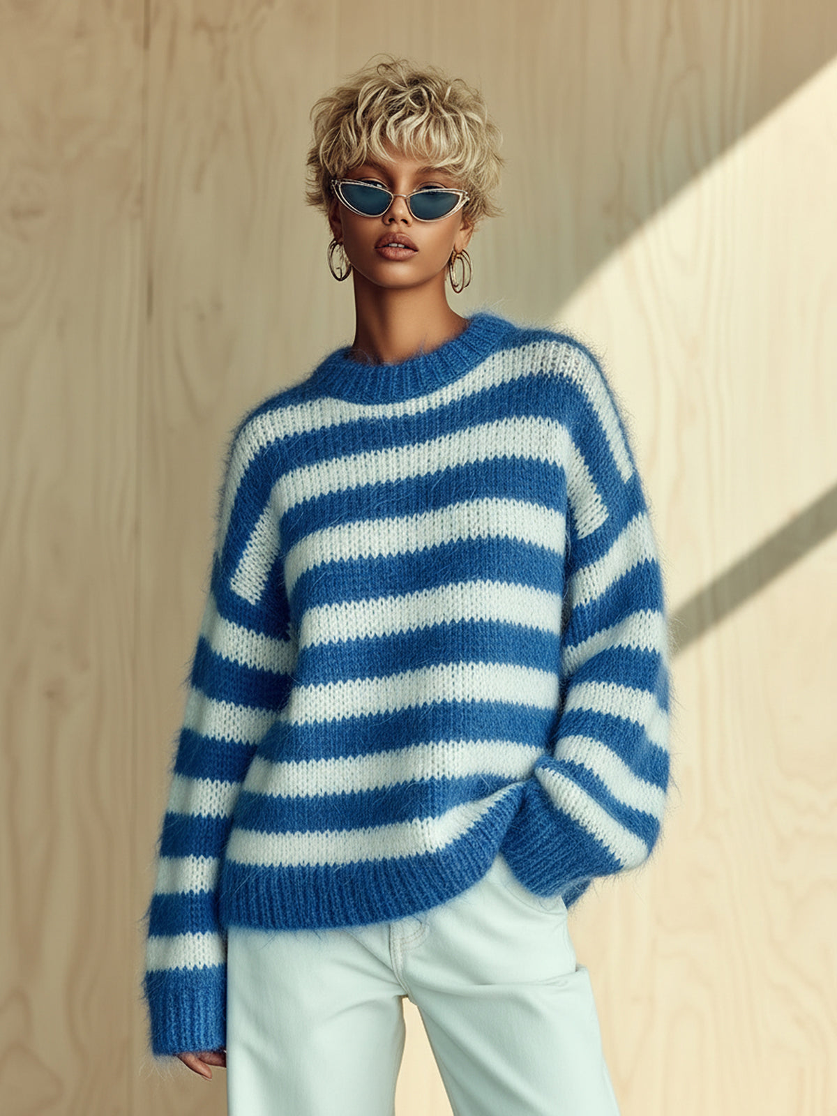 ElevenOra Chic Casual White Blue Stripes Round Neck Long Sleeve Oversize Mohair Knit Sweater Top