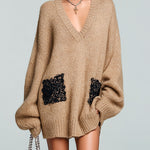 ElevenOra Chic Casual Light Khaki V-Neck Long Sleeve Contrast Lace Patch Detail Oversized Knit Mini Dress