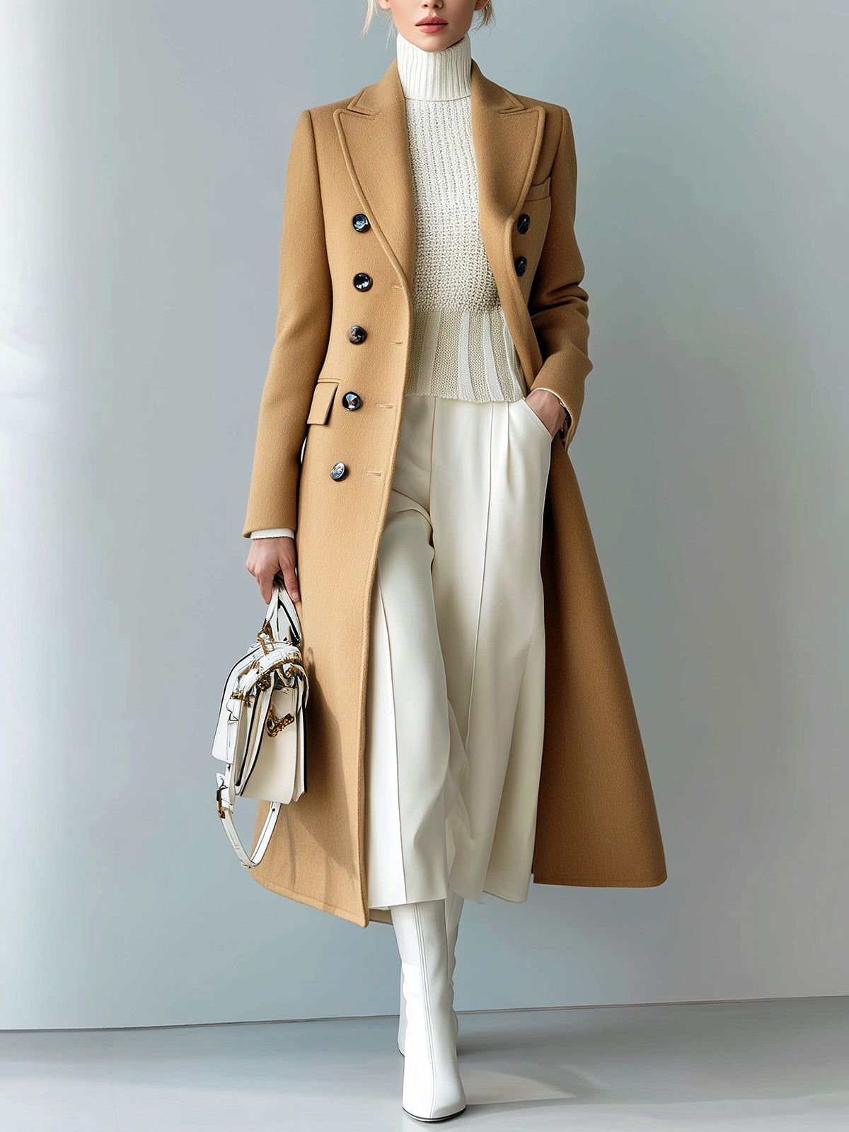 ElevenOra Chic Casual Solid Color Wool Blend Peaked Lapel Double-Breasted Tailored Warm Long Coat