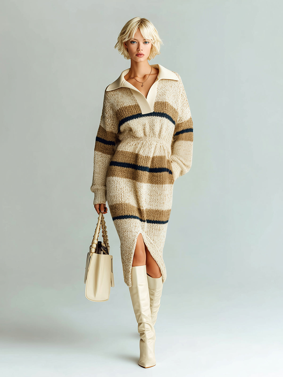 ElevenOra Chic Elegant Light Khaki Contrast Stripes Lapel V-Neck Elastic Wasit Long Sleeve Slit Knit Midi Dress