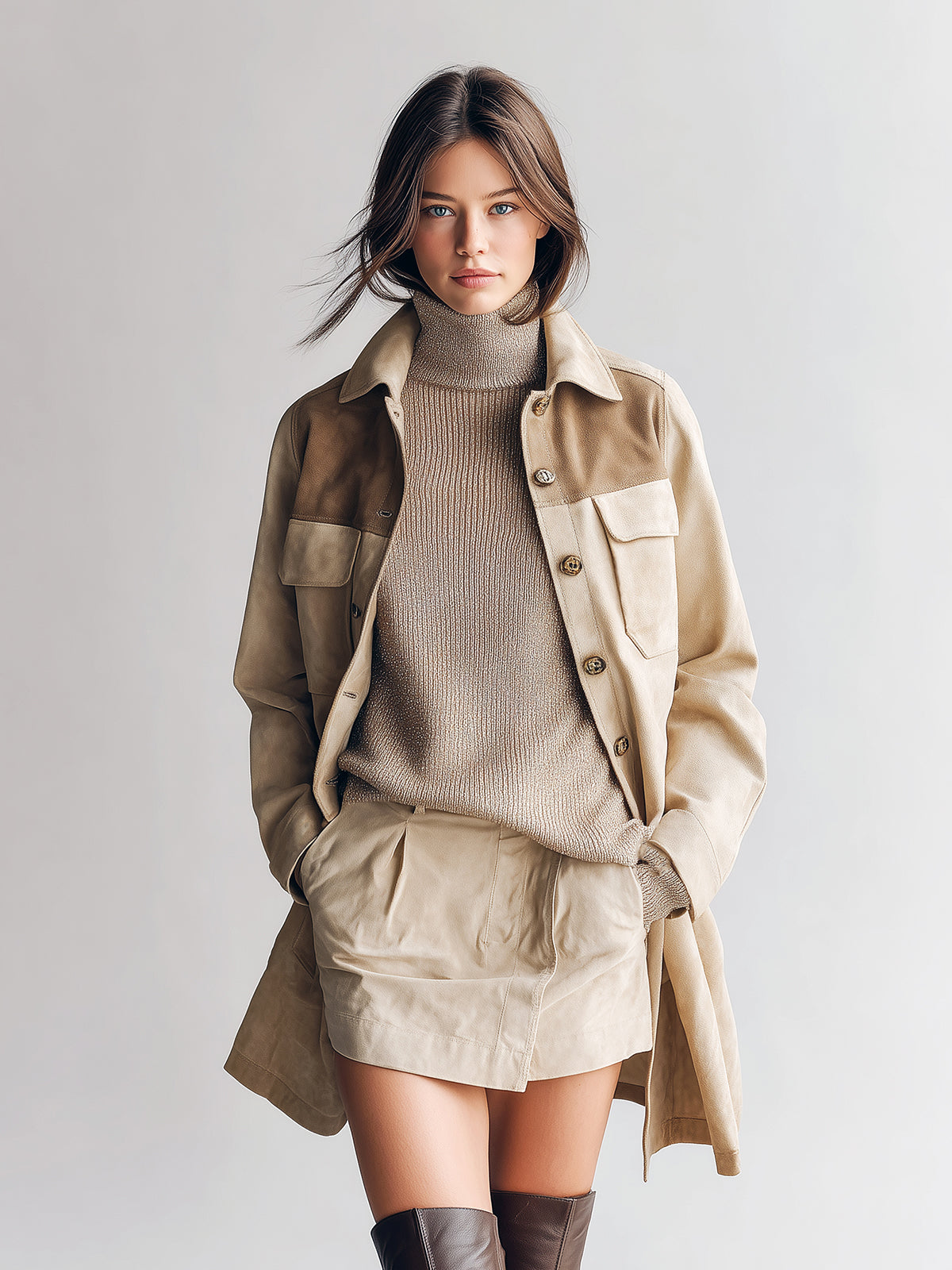 ElevenOra Chic Vintage Khaki Faux Suede Colorblock Lapel Single-breasted Multi-pocket Mid-length Coat