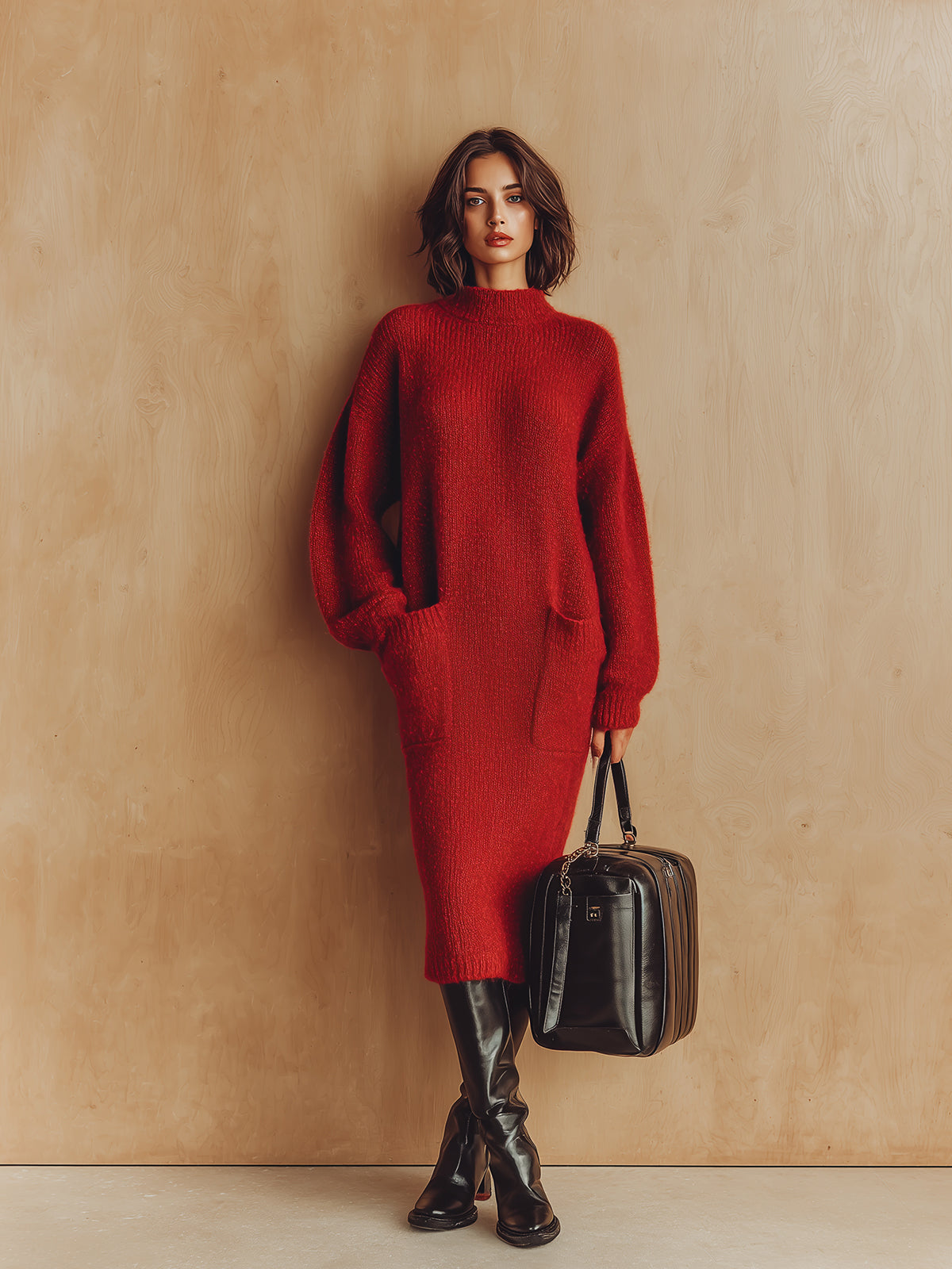 ElevenOra Chic Vintage Red Mock Neck Long Sleeve Patch Pocket Oversized Knit Midi Dress