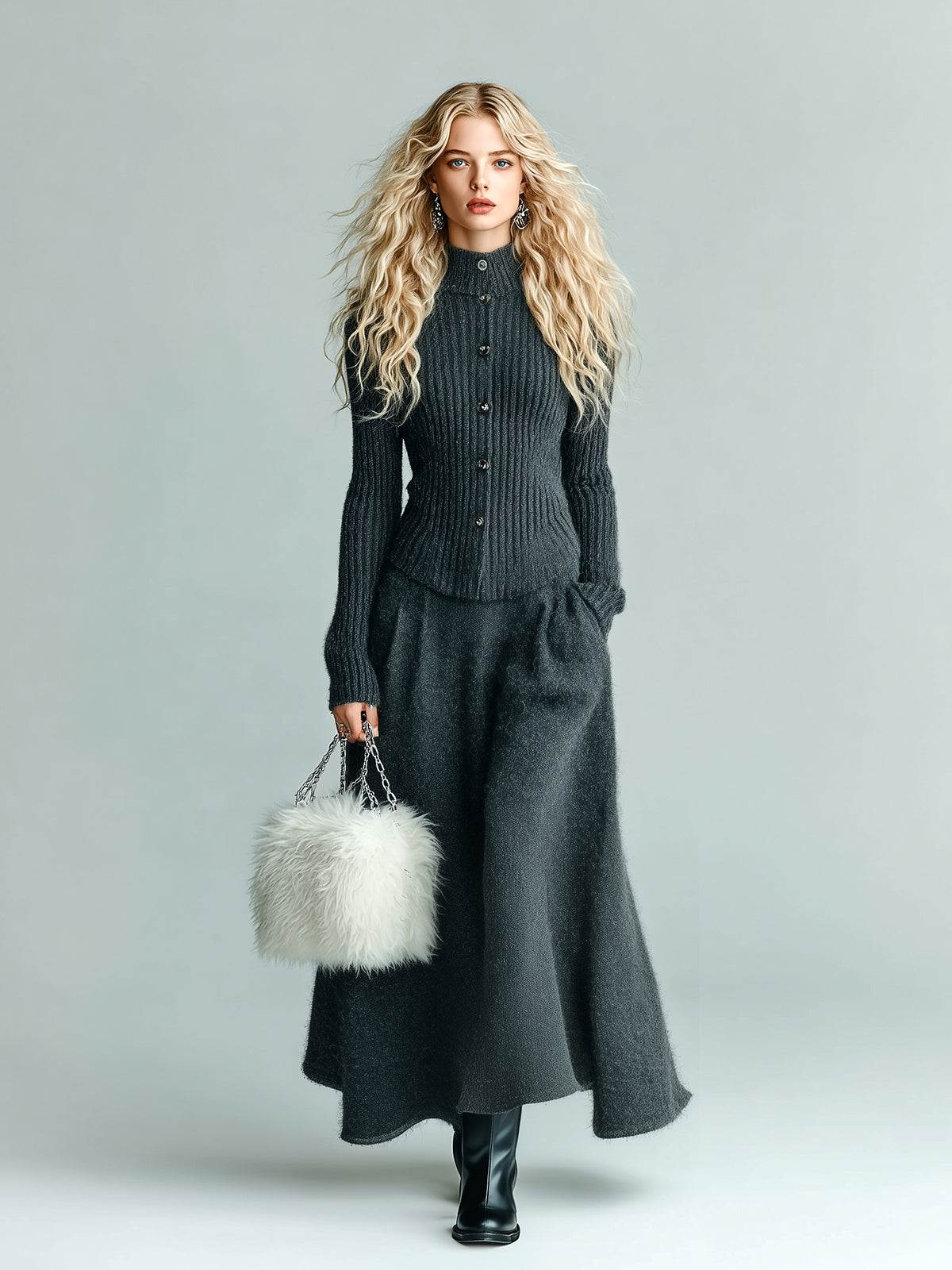 ElevenOra Chic Elegant Dark Gray Mock Neck Single-Breasted Long Sleeve Slim Fit Ribbed Cardigan Flared Maxi Skirt Knit Two-Piece Set