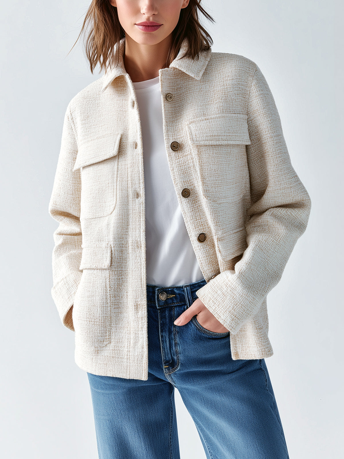 ElevenOra Chic Vintage Cream White Tweed Lapel Single-breasted Multi-pocket Fitted Jacket