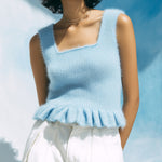 ElevenOra Chic Casual Blue Square Neck Sleeveless Pleated Hem Slim-Fit Ribbed Fuzzy Knit Tank Top