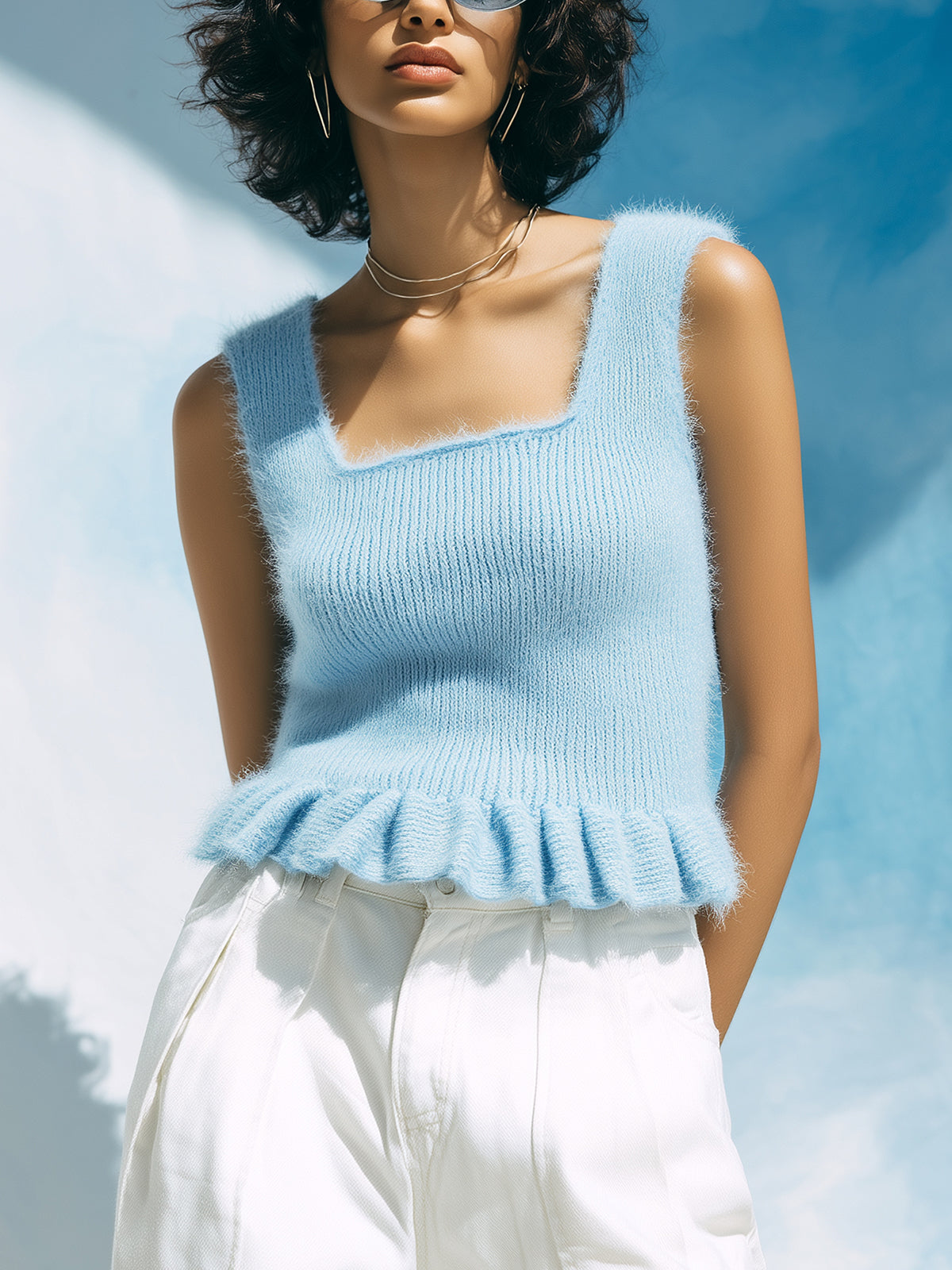 ElevenOra Chic Casual Blue Square Neck Sleeveless Pleated Hem Slim-Fit Ribbed Fuzzy Knit Tank Top