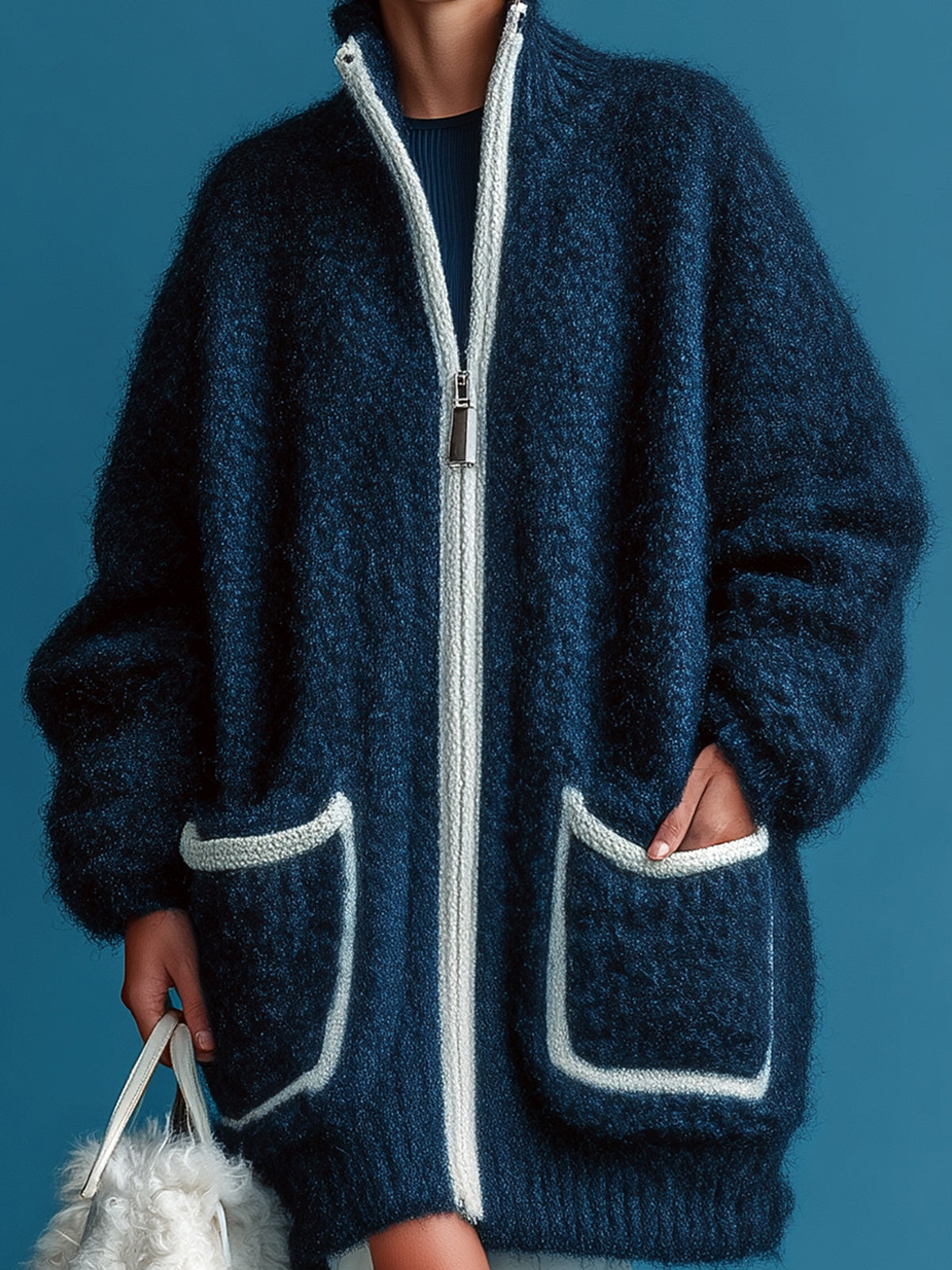 ElevenOra Chic Casual Navy Stand Collar Zipper-Front Patch Pocket Long-Sleeve Oversized Knit Cardigan