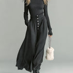ElevenOra Chic Elegant Dark Gray Mock Neck Long Sleeve Slim Fit Ribbed Sweater Button Detailed Maxi Skirt Knit Two-Piece Set