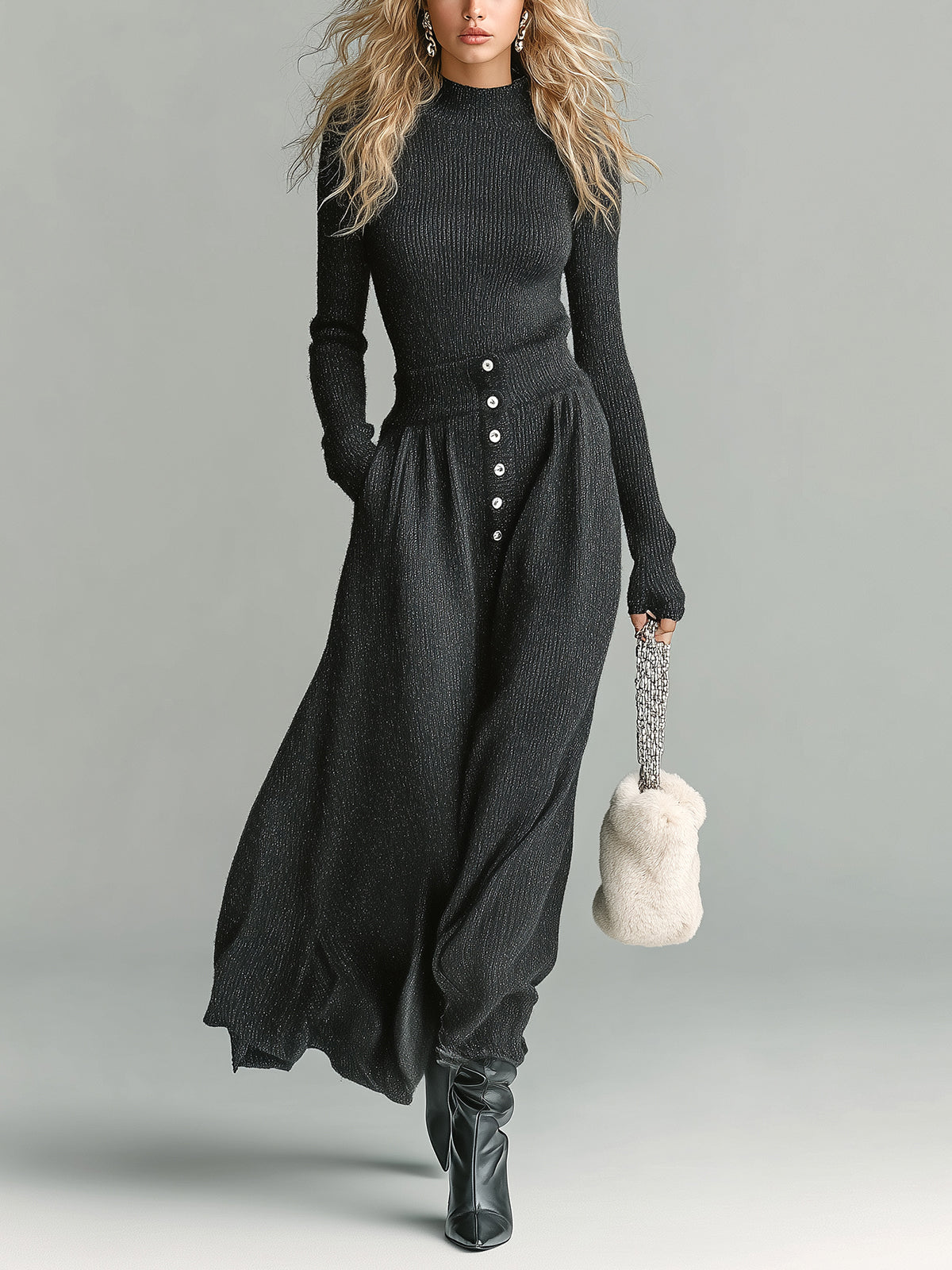 ElevenOra Chic Elegant Dark Gray Mock Neck Long Sleeve Slim Fit Ribbed Sweater Button Detailed Maxi Skirt Knit Two-Piece Set