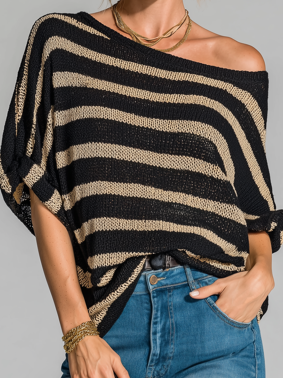 ElevenOra Fashion Casual Black-Beige Stripes Off-the-Shoulder Short-Sleeve Loose-Fit Knit Sweater Top