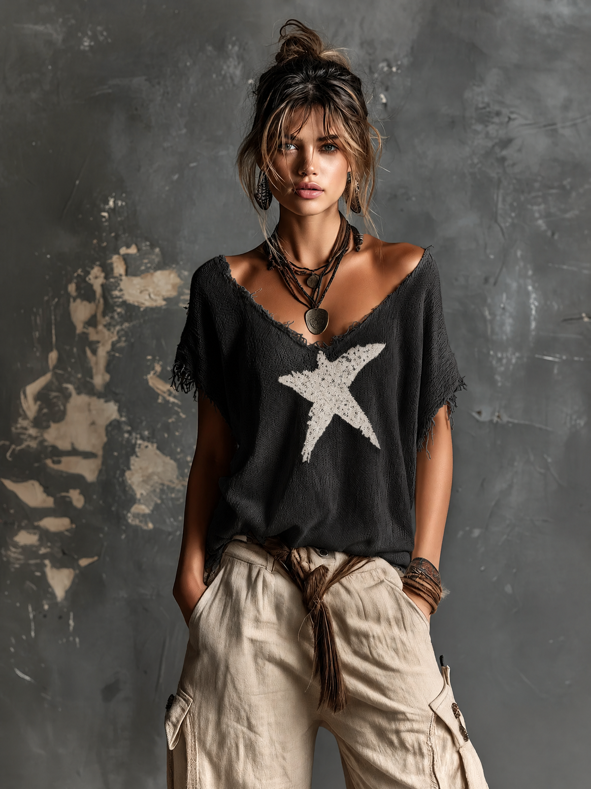 ElevenOra Chic Casual White V-Neck Star Print  Raw Edge Dolman Sleeves Loose-Fit Knit Sweater Top