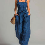 ElevenOra Chic Casual Navy Stripes Cotton Linen Blend Strappy Square Neck Sleeveless Belted Loose-Fit Jumpsuit
