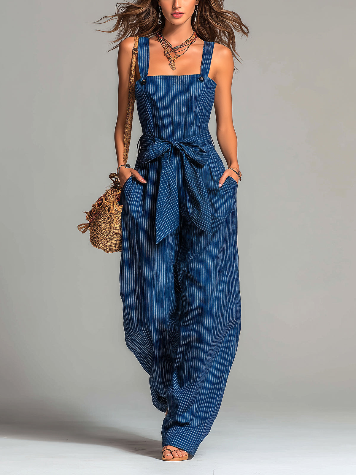ElevenOra Chic Casual Navy Stripes Cotton Linen Blend Strappy Square Neck Sleeveless Belted Loose-Fit Jumpsuit