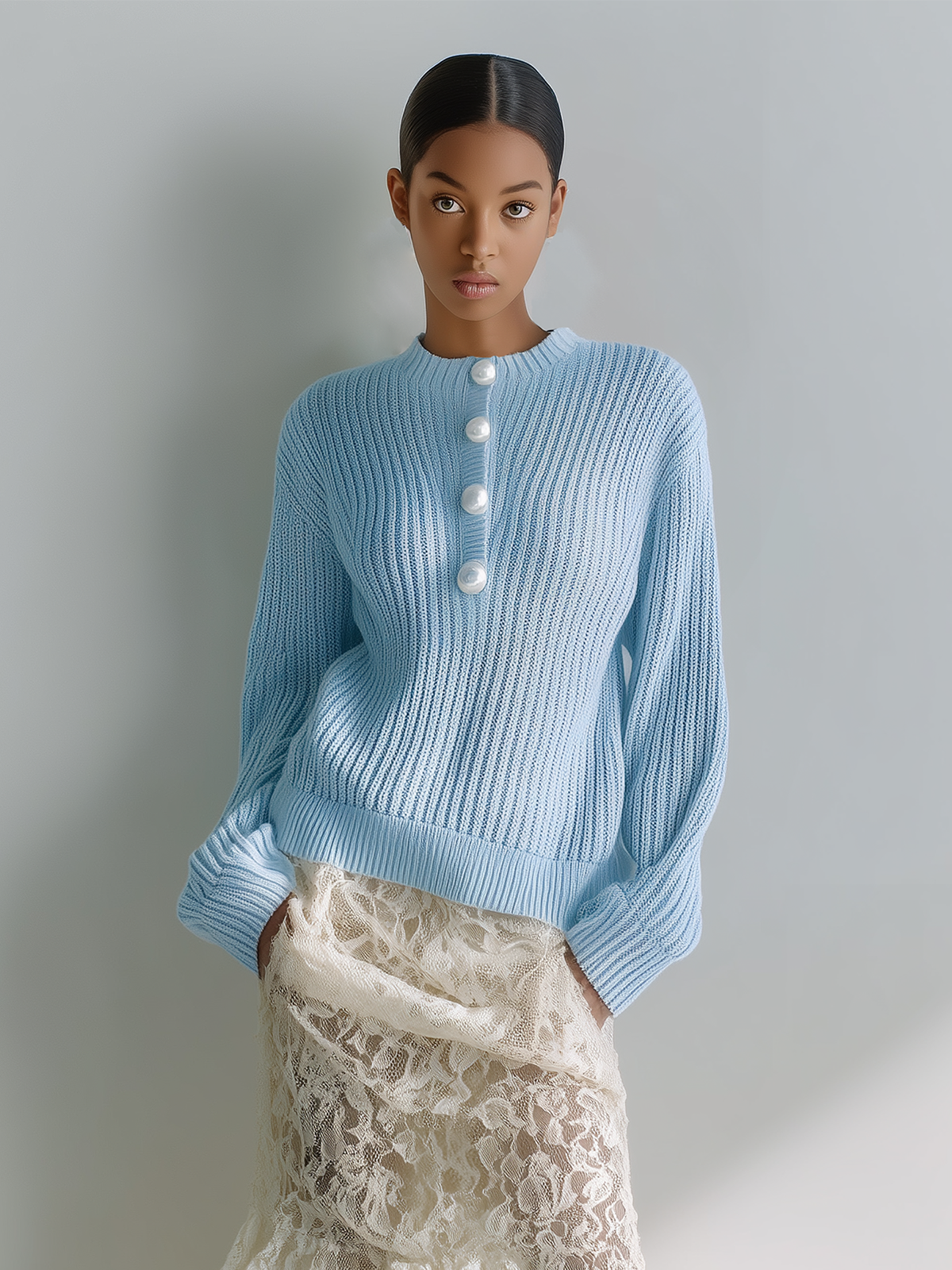 ElevenOra Chic Casual Blue Round Collar Pearl Button Loose Long-sleeve Knit Pullover Sweater