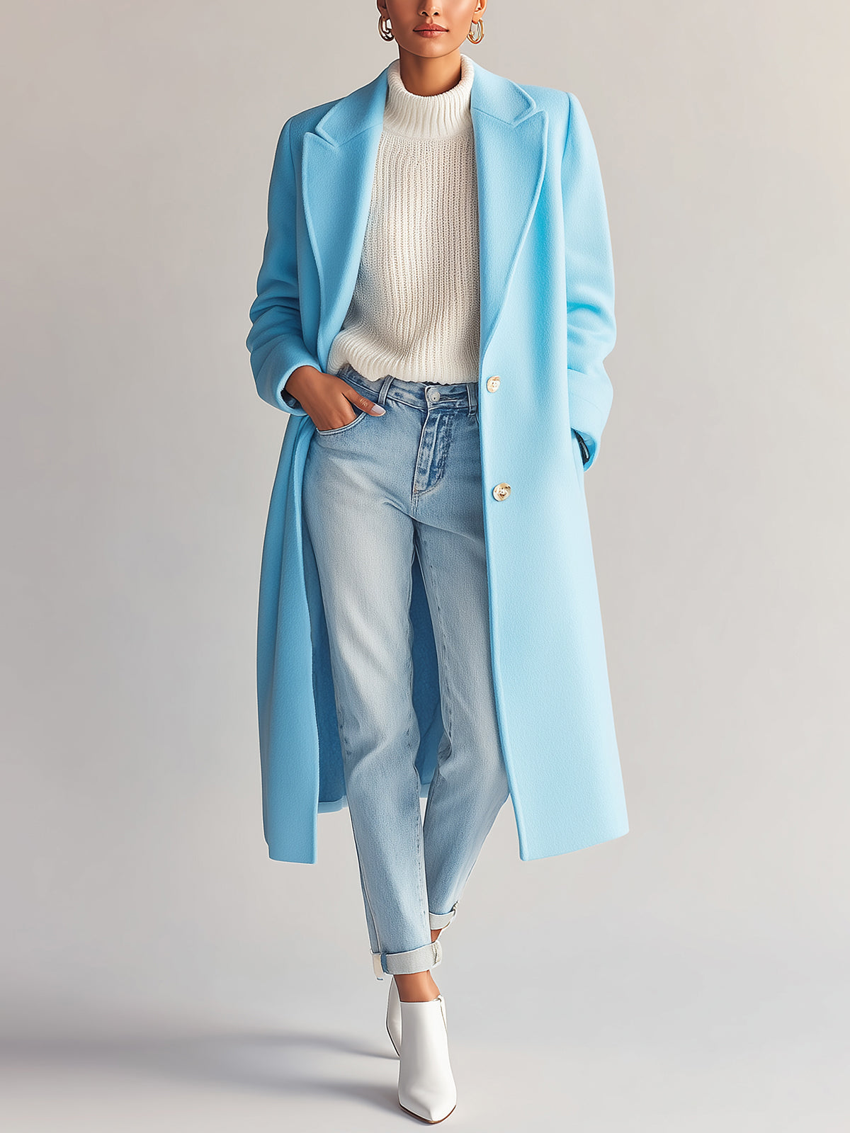 ElevenOra Chic Vintage Light Blue Wool Blend Peaked Collar Single-Breasted Long Coat