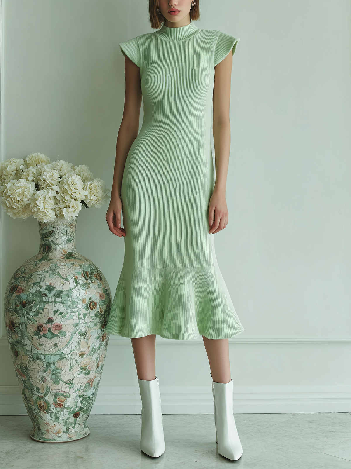 ElevenOra Chic Vintage Light Green Stand Collar Little Flying Sleeve Flared Hem Fit Knit Dress