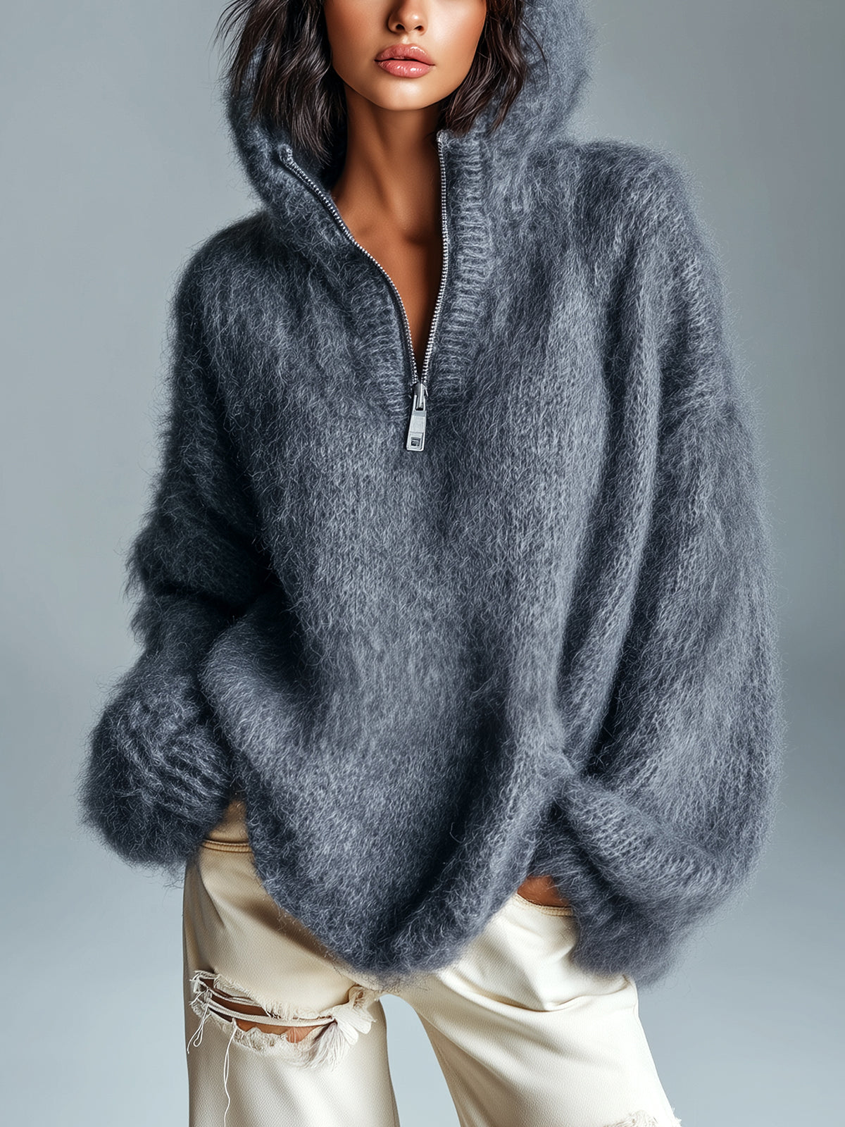 ElevenOra Chic Vintage Gray Hooded Zip-up Collar Long Sleeve Oversized Fuzzy Mohair Knit Sweater