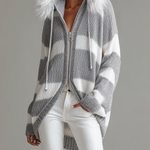 ElevenOra Chic Casual Gray And White Striped Hooded Fur Collar Zipper-Placket Long Sleeve Loose Knit Cardigan