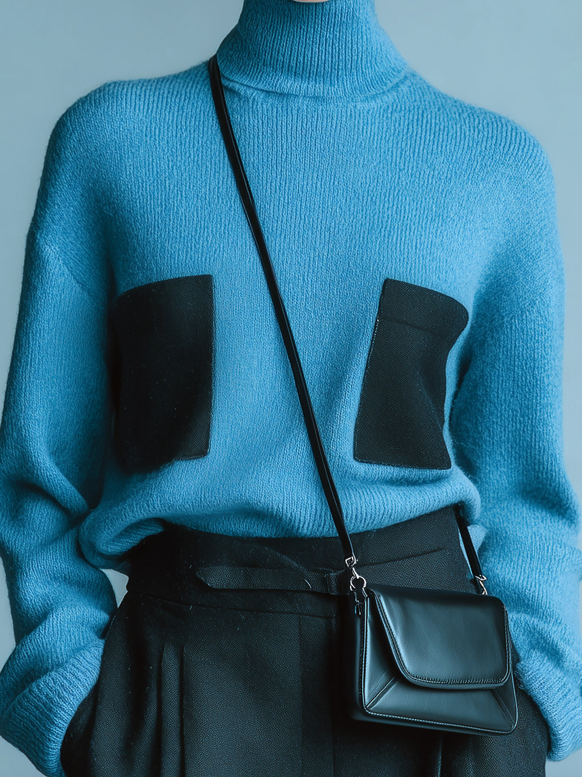 ElevenOra Casual Chic Lake Blue Turtleneck Color-Block Patch Pocket Slouchy Long Sleeve Knit Sweater