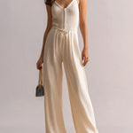 ElevenOra Chic Elegant Beige V-Neck Zipper-Front Sleeveless Cami Drawstring Waist Wide-Leg Knit Jumpsuit