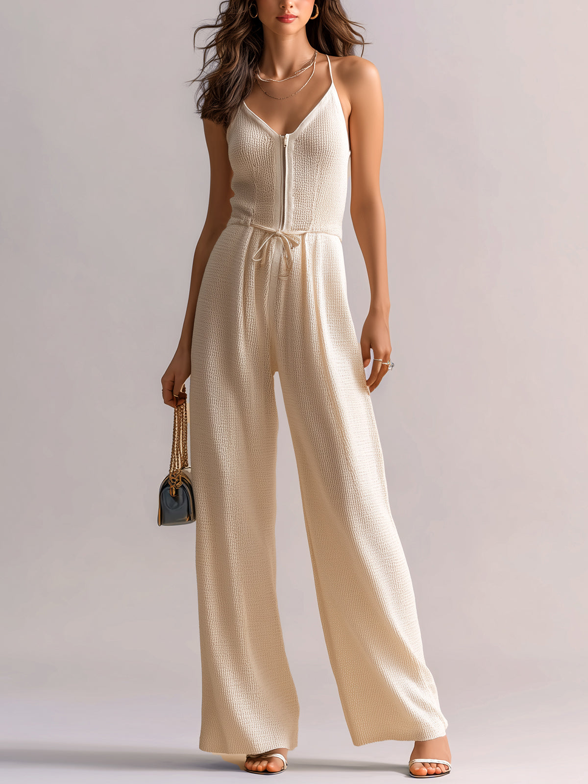 ElevenOra Chic Elegant Beige V-Neck Zipper-Front Sleeveless Cami Drawstring Waist Wide-Leg Knit Jumpsuit