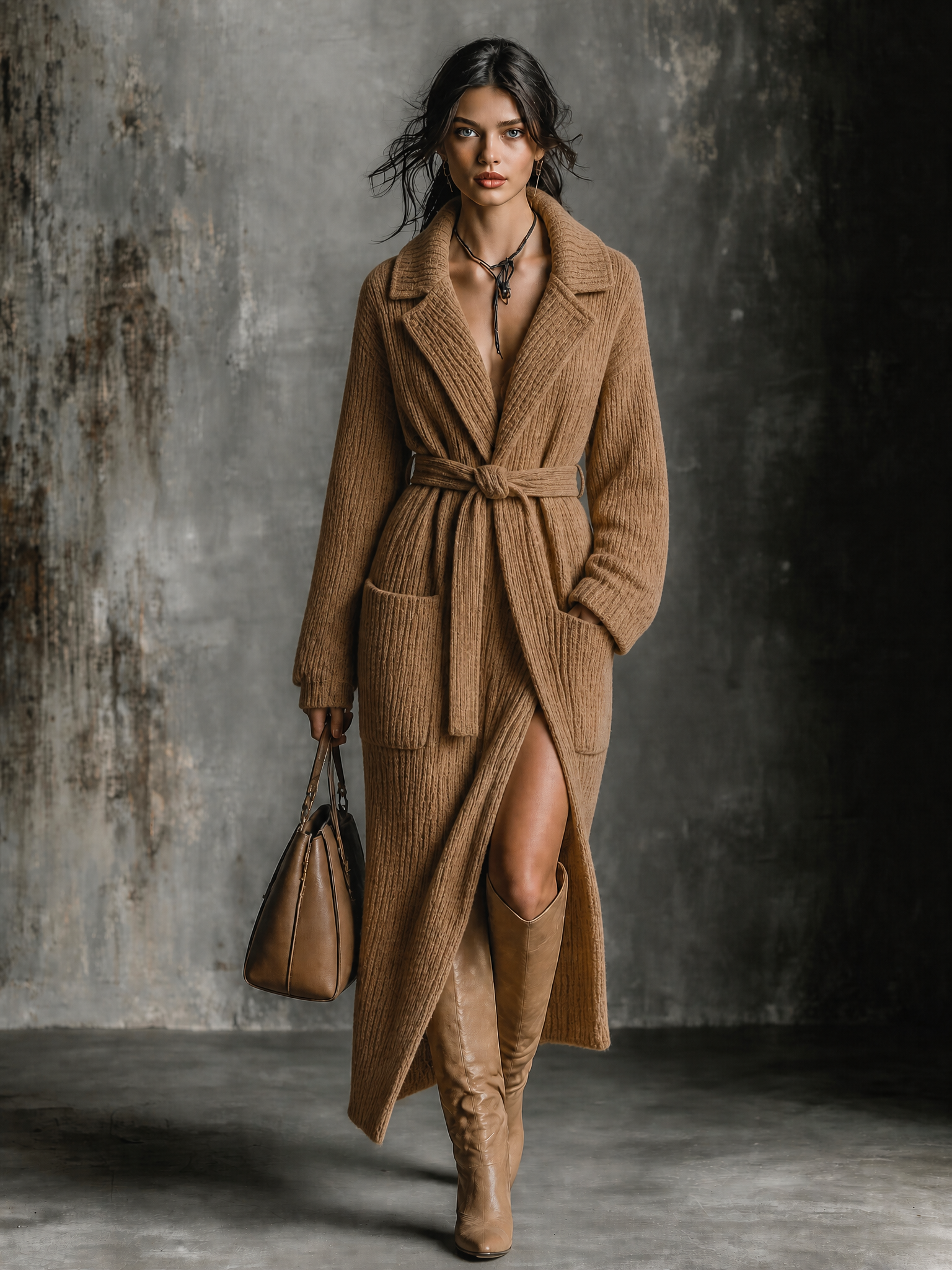 ElevenOra Chic Casual Camel Notched Lapel Collar Long-Sleeve Patch Pockets Belted Loose-Fit Ribbed Knit Maxi Cardigan