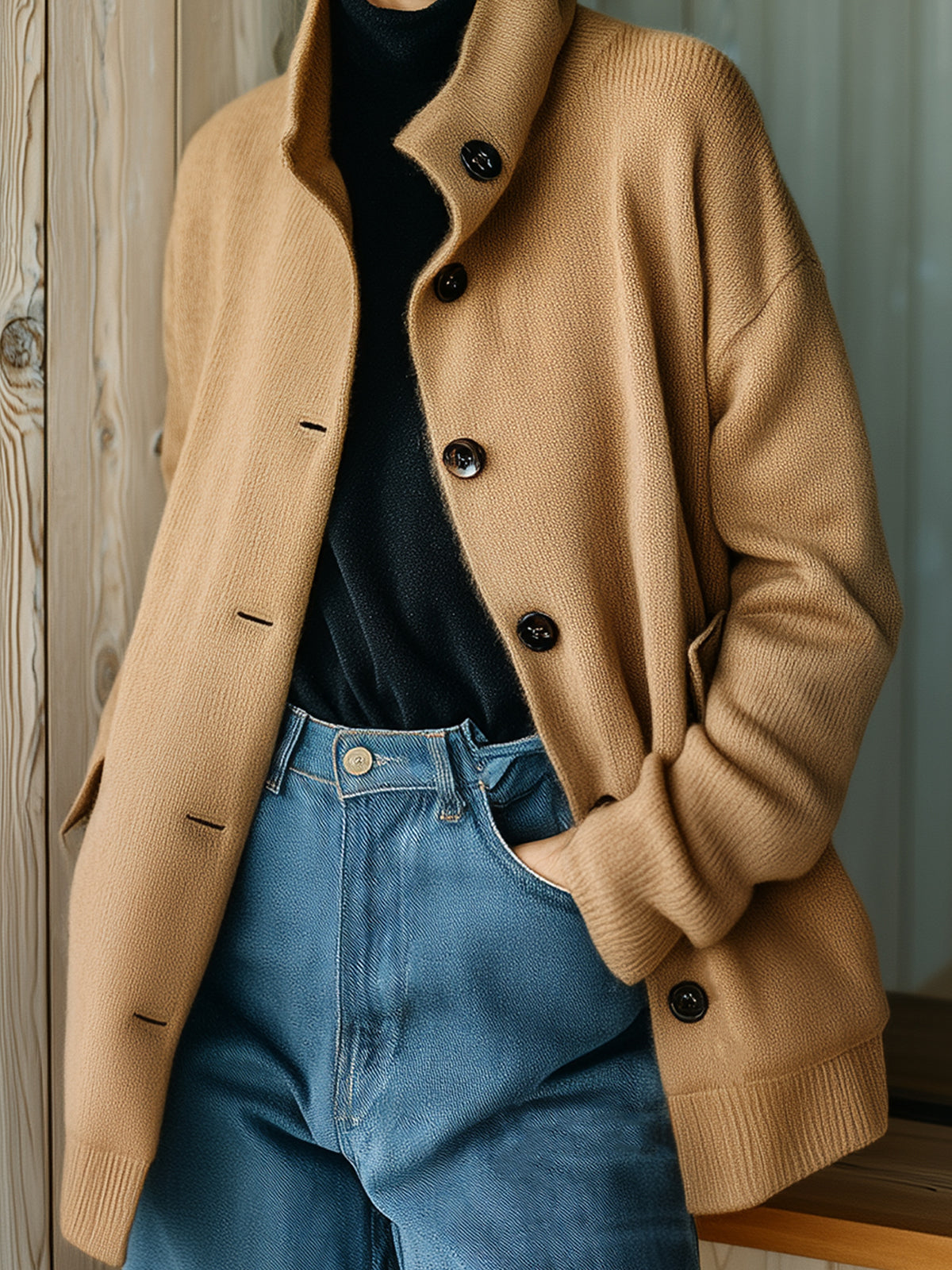 ElevenOra Chic Casual Camel Stand Collar Single-Breasted Long Sleeve Flap Pocket Oversized Knit Cardigan