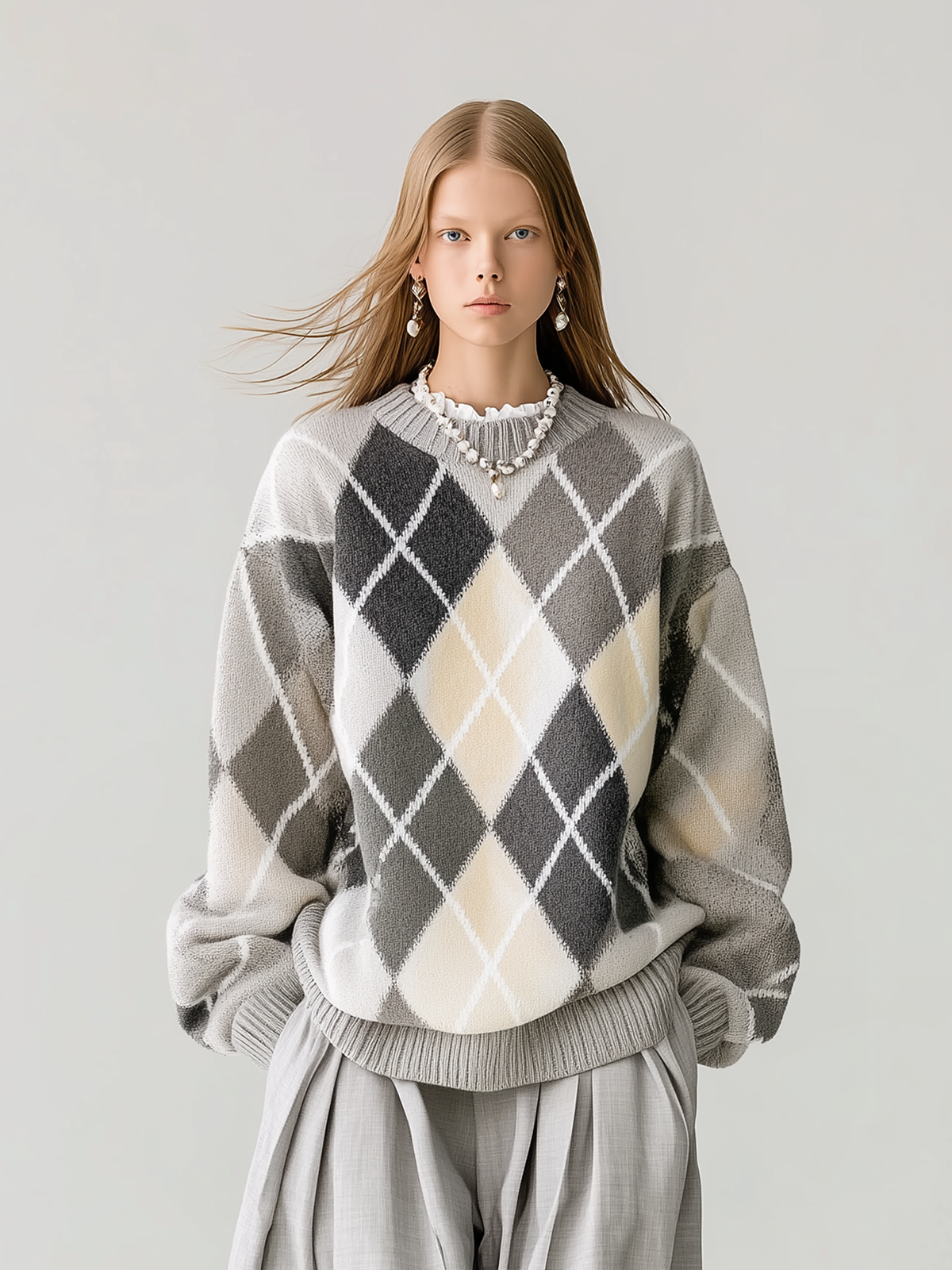 ElevenOra Chic Casual Argyle Plaid Gray White Round Neck Loose Knit Pullover Sweater