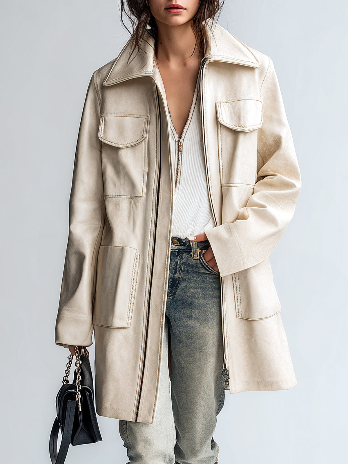 ElevenOra Chic Vintage Cream White Faux Leather Oversized Pocket Lapel Zipper- Front Mid-Length Utility Coat