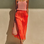 ElevenOra Chic Elegant Pink Square Neck Sleeveless Knit Camisole Red Elastic Waist Satin Midi Skirt Two-Piece Set