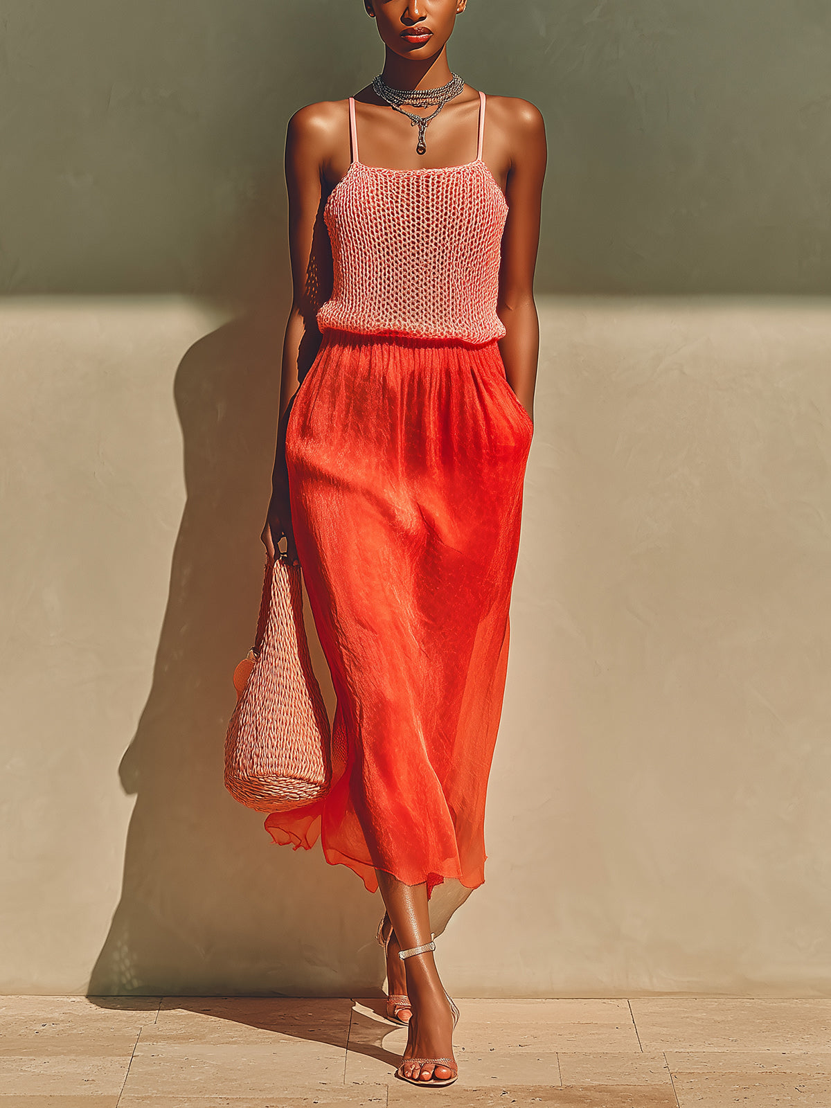 ElevenOra Chic Elegant Pink Square Neck Sleeveless Knit Camisole Red Elastic Waist Satin Midi Skirt Two-Piece Set