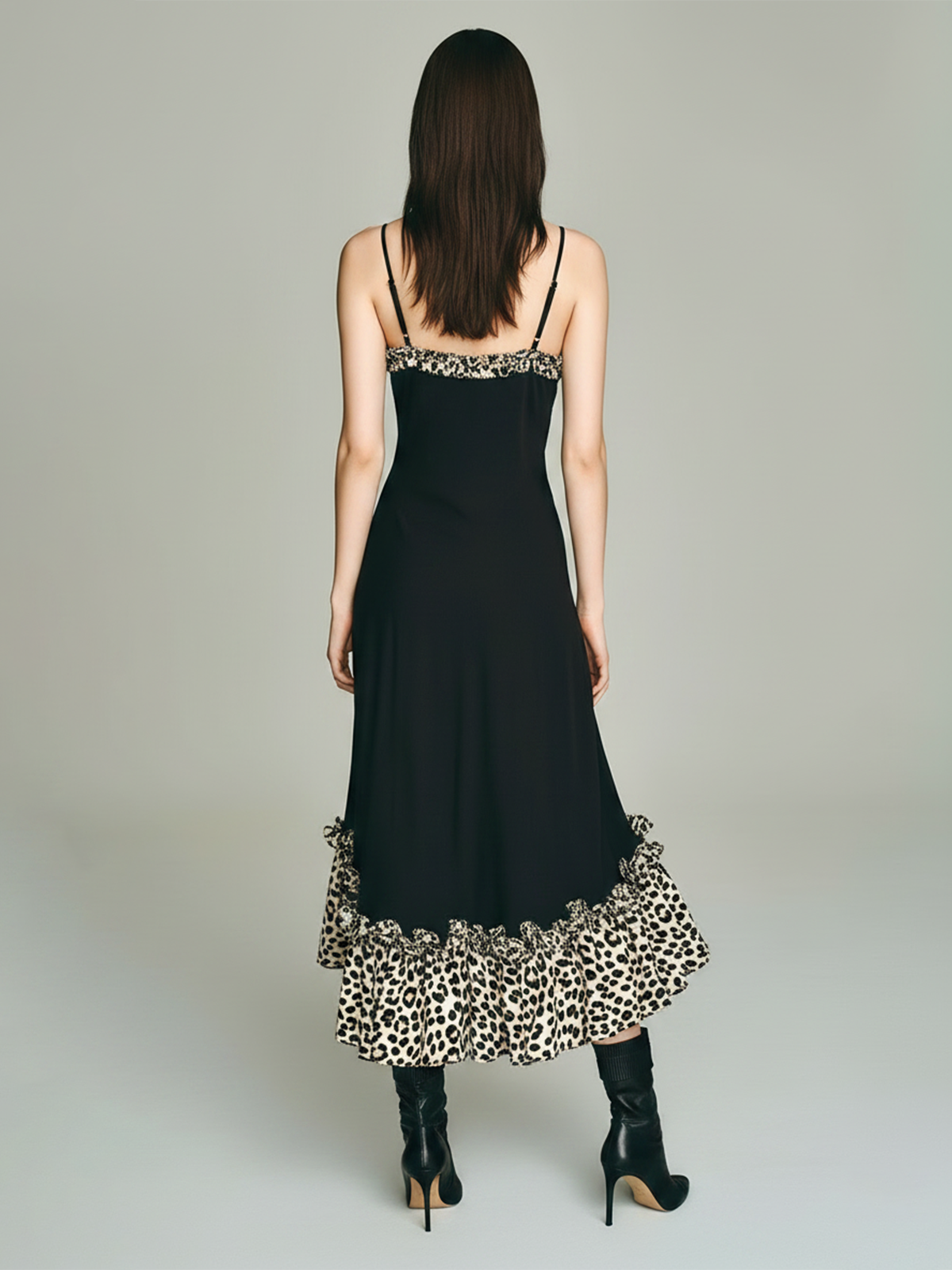 ElevenOra Chic Elegant Black Spaghetti Straps V-Neck Sleeveless  Leopard Print Ruffle Hem Patchwork Stretchy Chiffon Midi Dress