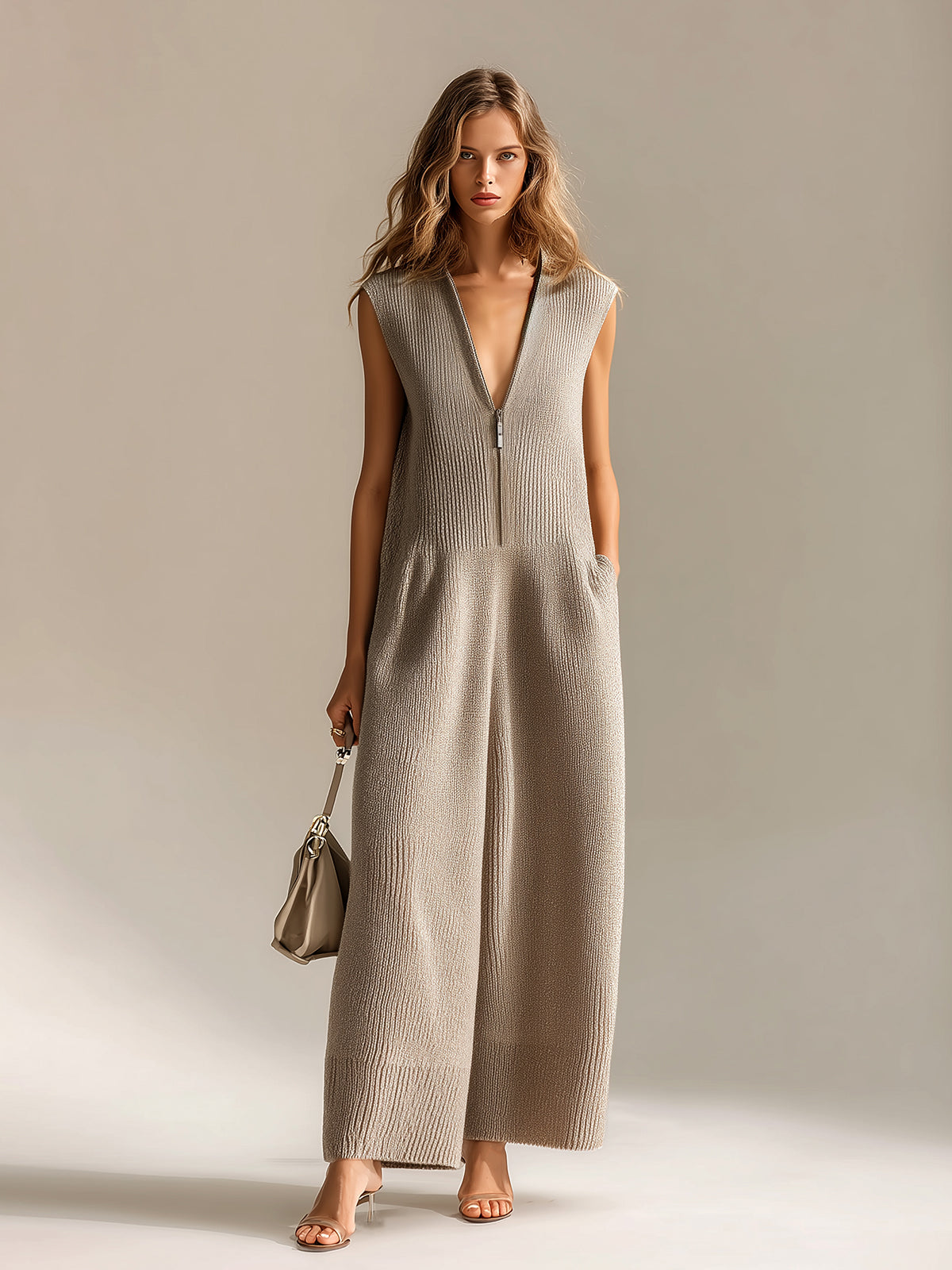 ElevenOra Chic Elegant Camel Deep V-Neck Zipper-Front Sleeveless Oversize Ribbed Knit Jumpsuit
