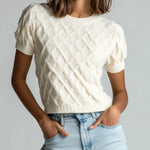 ElevenOra Chic Elegant Cream White 3D Diamond Pattern Jacquard Round-Neck Short-Sleeve Cropped Knit Sweater Top