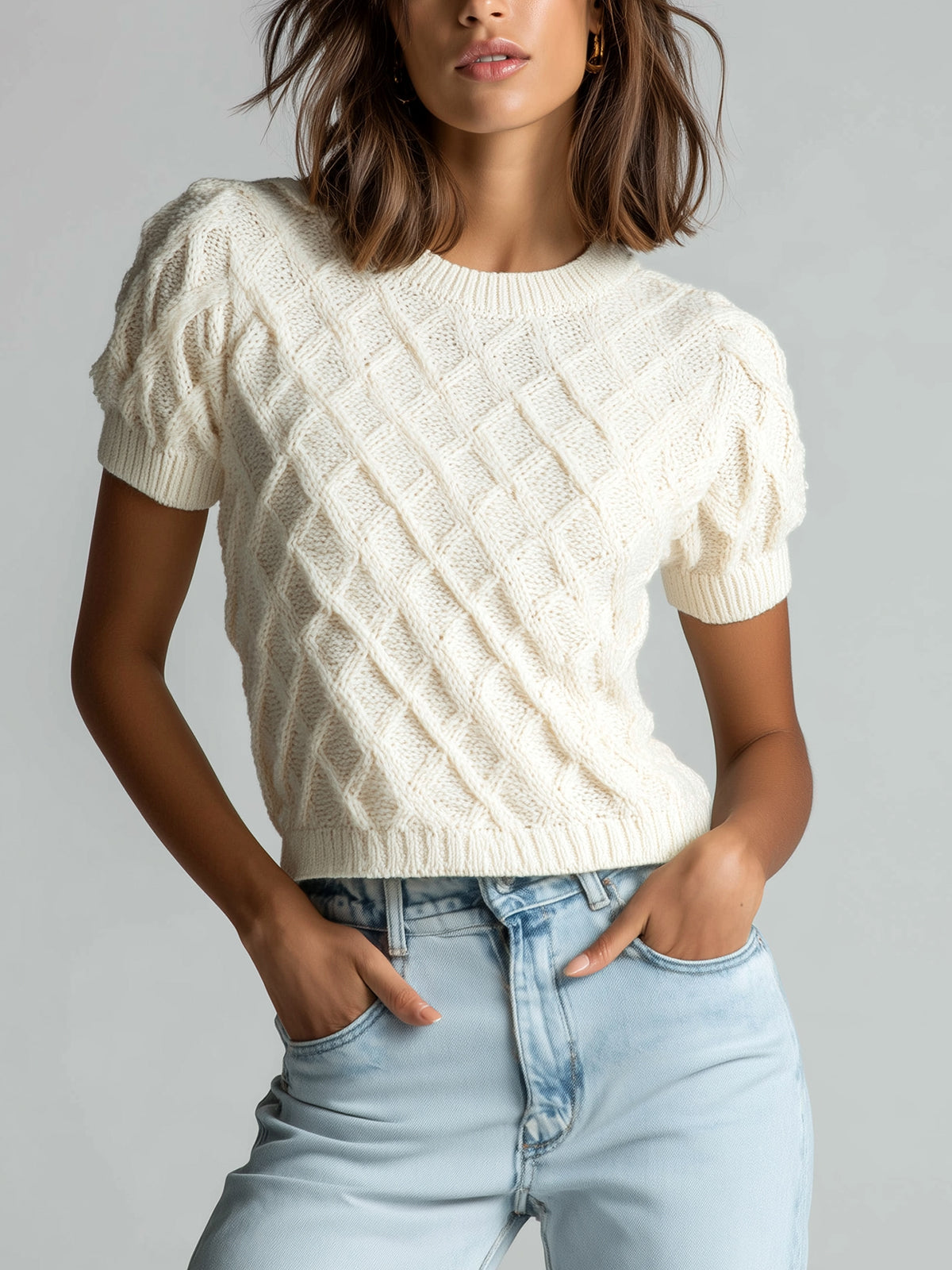 ElevenOra Chic Elegant Cream White 3D Diamond Pattern Jacquard Round-Neck Short-Sleeve Cropped Knit Sweater Top