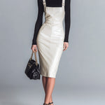 ElevenOra Chic Elegant Cream White Faux Leather Patchwork Slim-Fit Pinafore Midi Dress