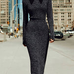 ElevenOra Fashion Round Neck Contrast Faux Collar Long Sleeve Slim Knit Bodycon Midi Dress